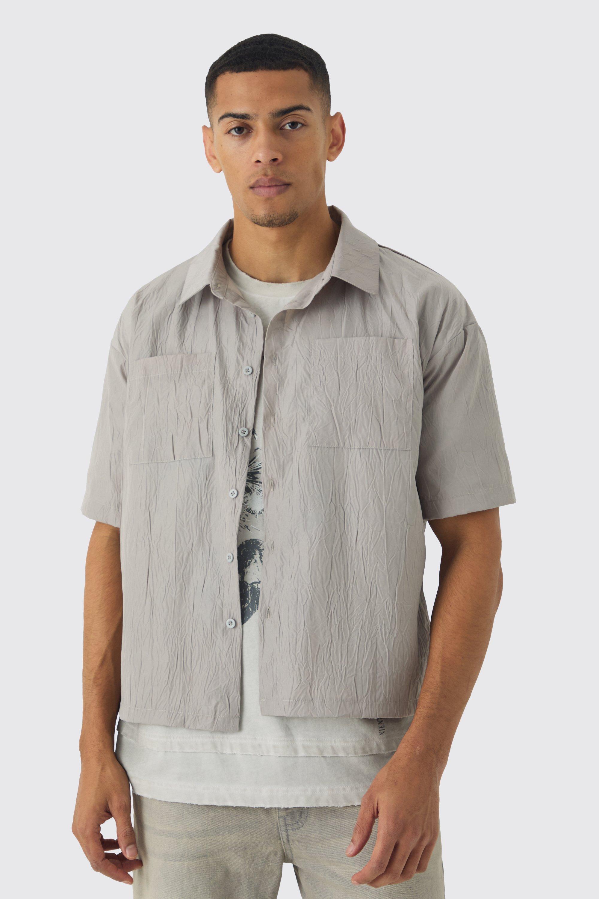 Mens Grey Oversized Boxy Crinkle Shirt, Grey